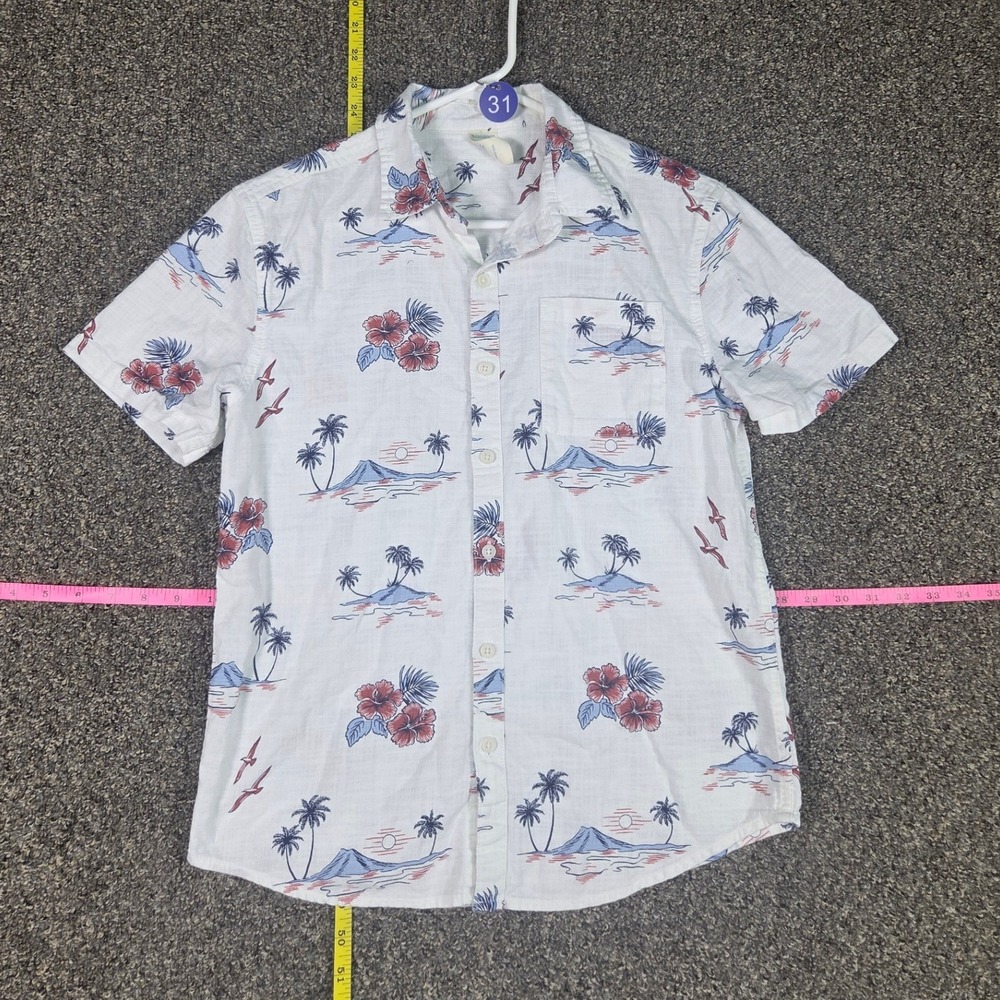 Thereabouts Button Down Shirt Boys L 14/16 White Tropical Palm Tree Hibiscus